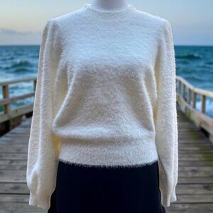 Lili Sidonio Fuzzy Eyelash Knit Sweater Soft White Balloon Sleeves Fuzzy (Small)